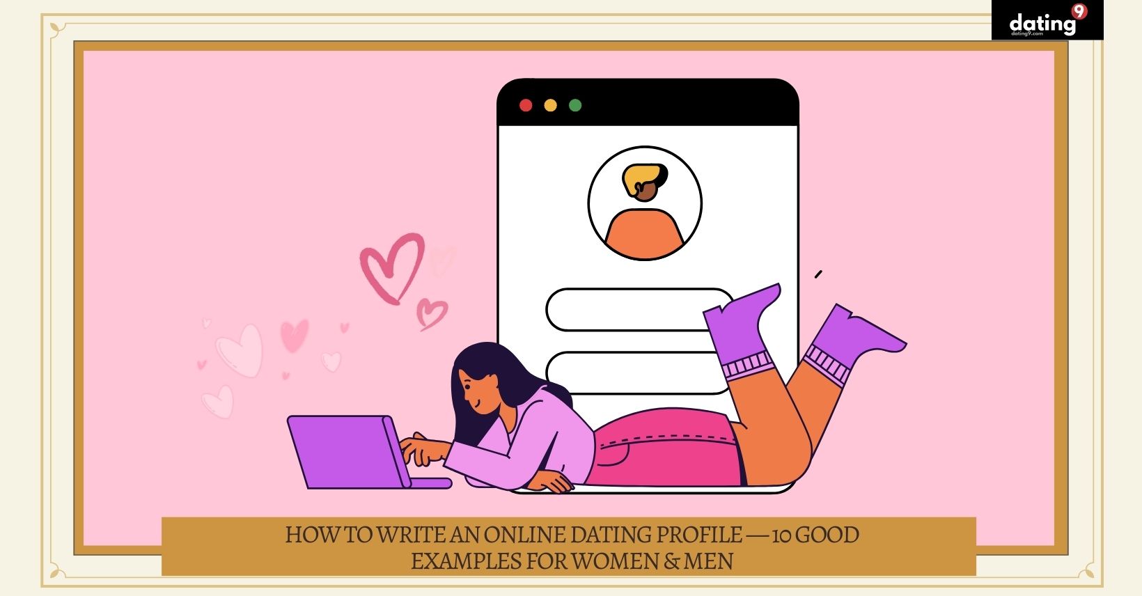 A playful illustration of a young woman lying down and using her laptop, indicative of tips for crafting captivating online dating profiles.
